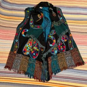 Anu Bohemian Wool‎ Embroidered Peacock Feather Vest Black Teal Orange Women S/M